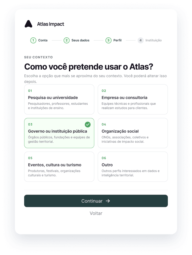 Etapa de perfil do cadastro do Atlas Impact com opções de contexto de uso